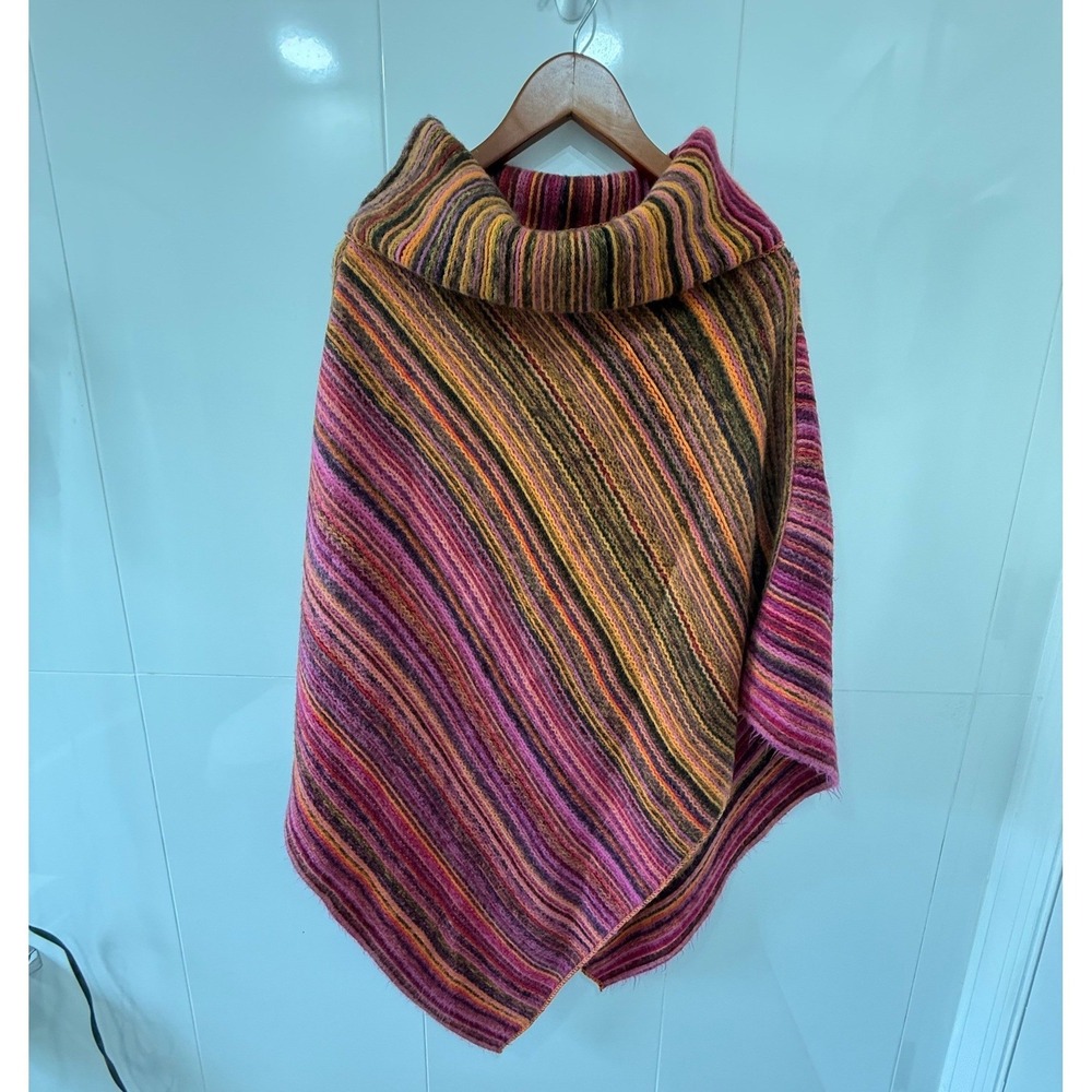 Space Age Multicolor Striped Cowl Neck Poncho Sweater Boho Cape